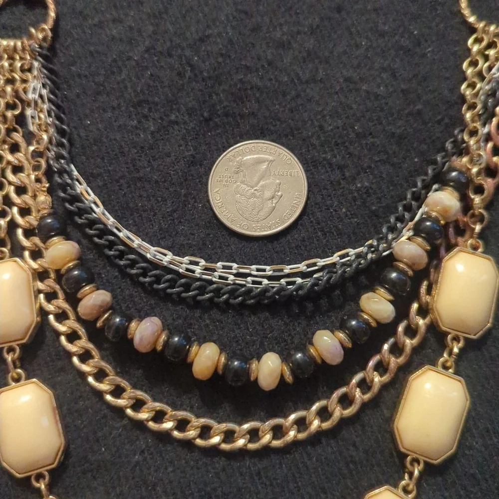 NY and Co Gold Tone Cream Multi Strand Neutral Colors Statement Necklace